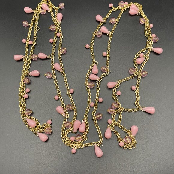 Pink 60" Necklace Barbiecore Teardrop Round Clear Dangles Gold Tone Cable Chain - Picture 3 of 5